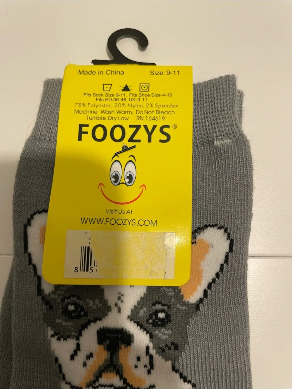 Foozys Brand Size 9-11 Dog Collection Unisex Socks French Bulldog NWT Gray